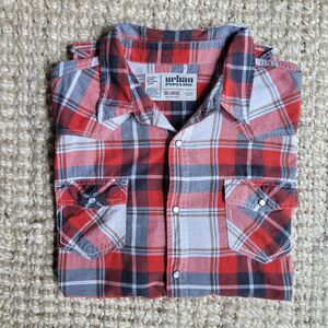 Urban Pipeline Pearl Snap XXL Red White Blue Navy Plaid Western Cowboy Rodeo